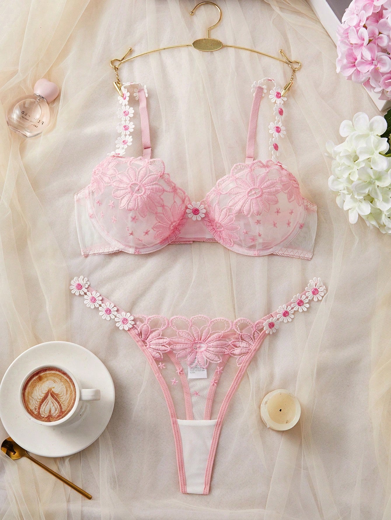 Women's 2pcs Embroidery Lace Trim Bra & Panty Set